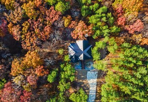 Vue aérienne d’une maison entourée d’arbres aux couleurs automnales.