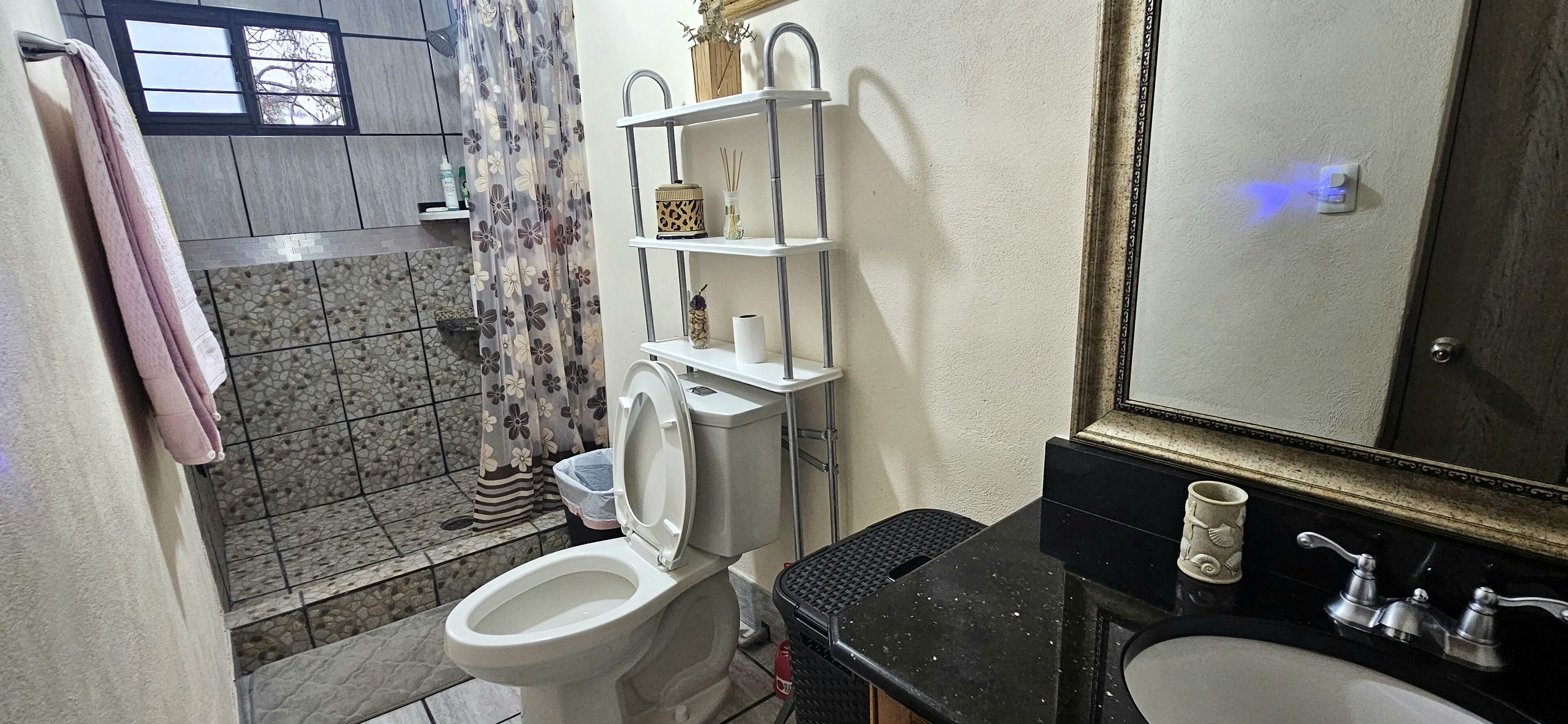 Hair dryer, towels, soap, shampoo