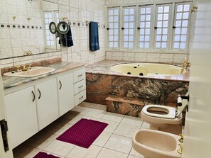 Hair dryer, bidet, towels, soap