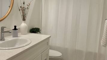 Hair dryer, towels, soap, shampoo