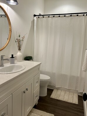 Hair dryer, towels, soap, shampoo