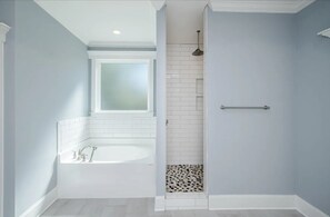 Jetted bath, hair dryer, towels, soap