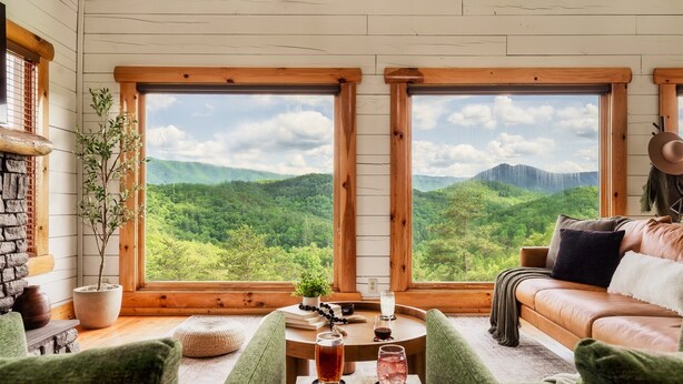 A cozy room with a wooden ceiling, large windows with a mountain view, a leather sofa, a small table with drinks, and a potted plant.