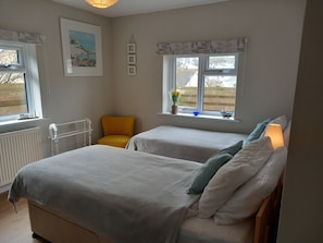 A bedroom with two beds, a radiator, a window with a view, and a small table with a plant.