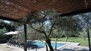 Ein Poolbereich mit Liegestühlen und einer Pergola darüber.