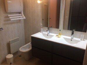 Shower, hair dryer, bidet, towels