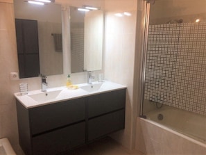 Shower, hair dryer, bidet, towels