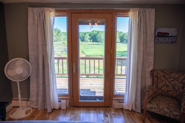 A room with a wooden door, a fan, a chair, and a view of a grassy area through the door.