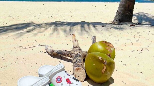 Un parell de Crocs blancs amb dibuixos de personatges de dibuixos animats de colors sobre una platja sorrenca, amb una palmera i un coc amb la seva pròpia polpa al fons.