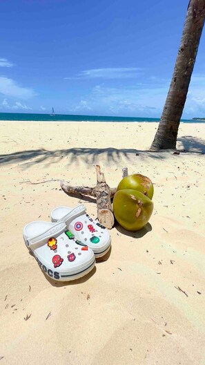 A pair of white Crocs with colorful cartoon character prints on a sandy beach with a palm tree and a green coconut in the background.
