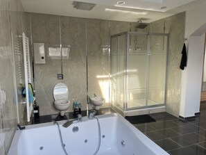 Chuveiro, secador de cabelo, bidê, toalhas de banho