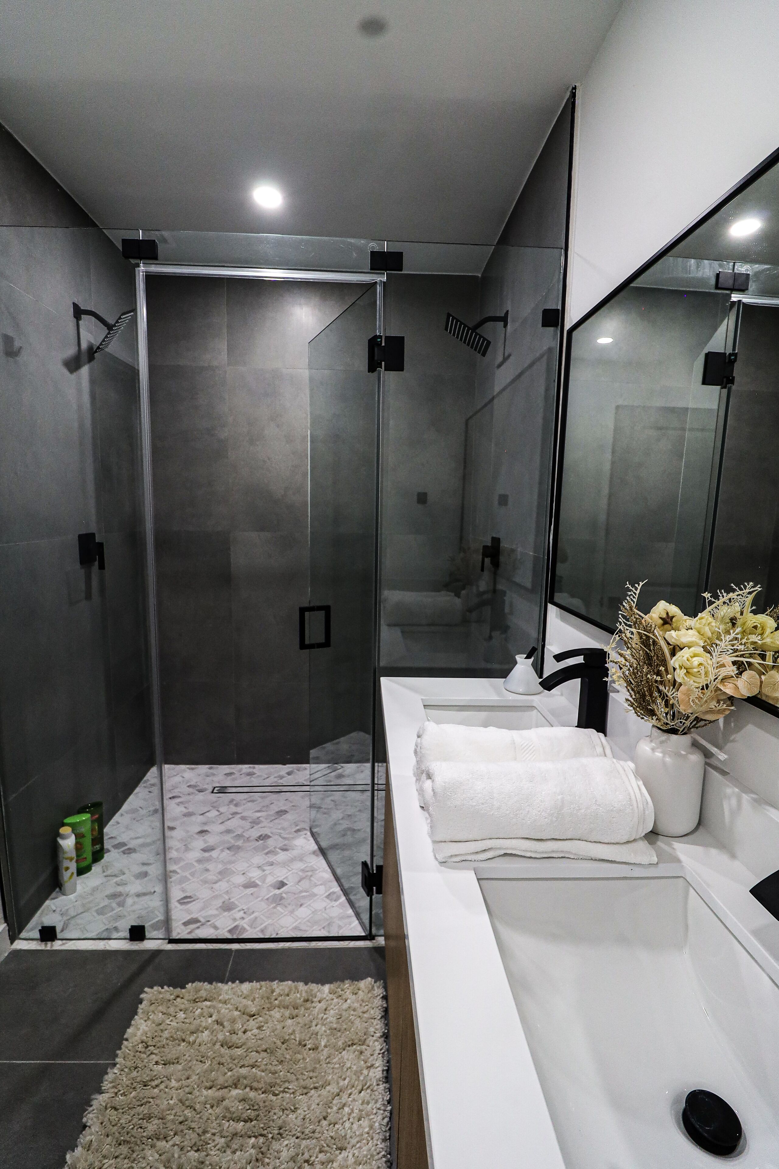 Hair dryer, towels, soap, shampoo