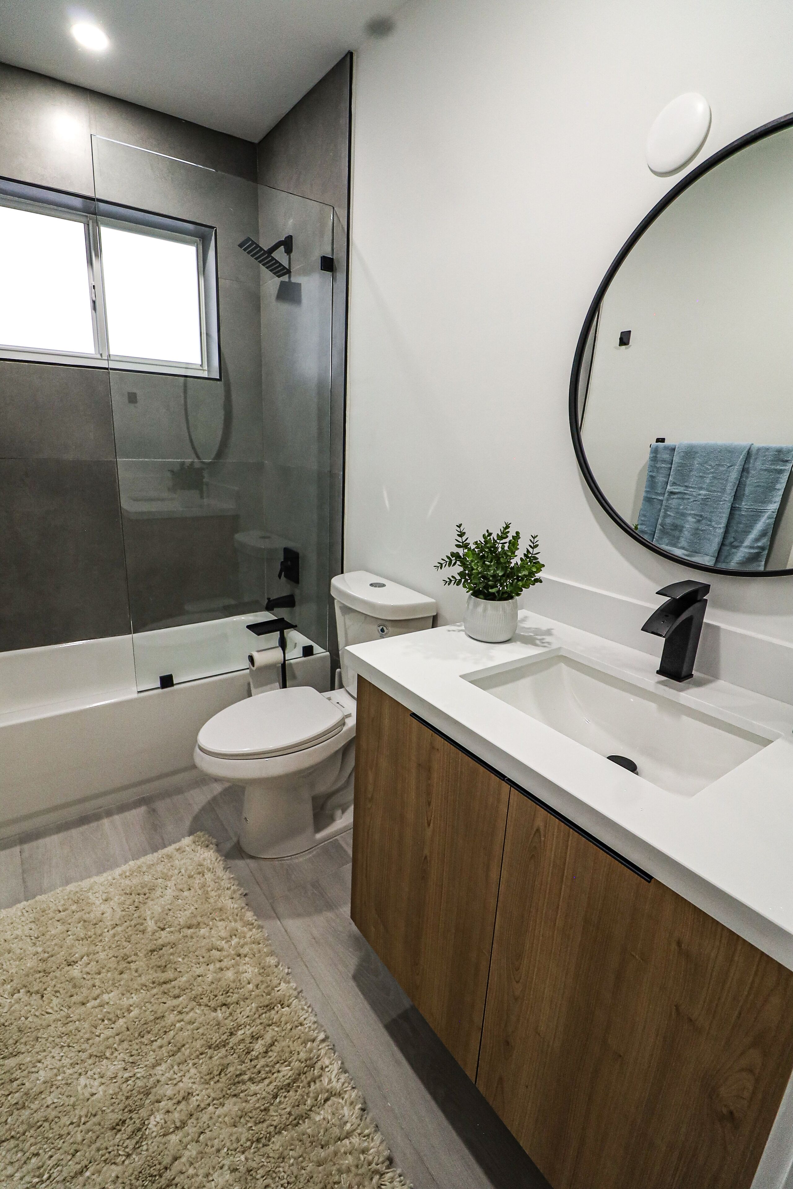 A modern bathroom with a glass shower enclosure, a toilet, a sink with a wooden cabinet, a potted plant, and a mirror with a towel hanging on it.