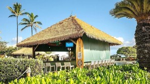 A thatched-roof hut with a bar area, surrounded by lush greenery and palm trees.