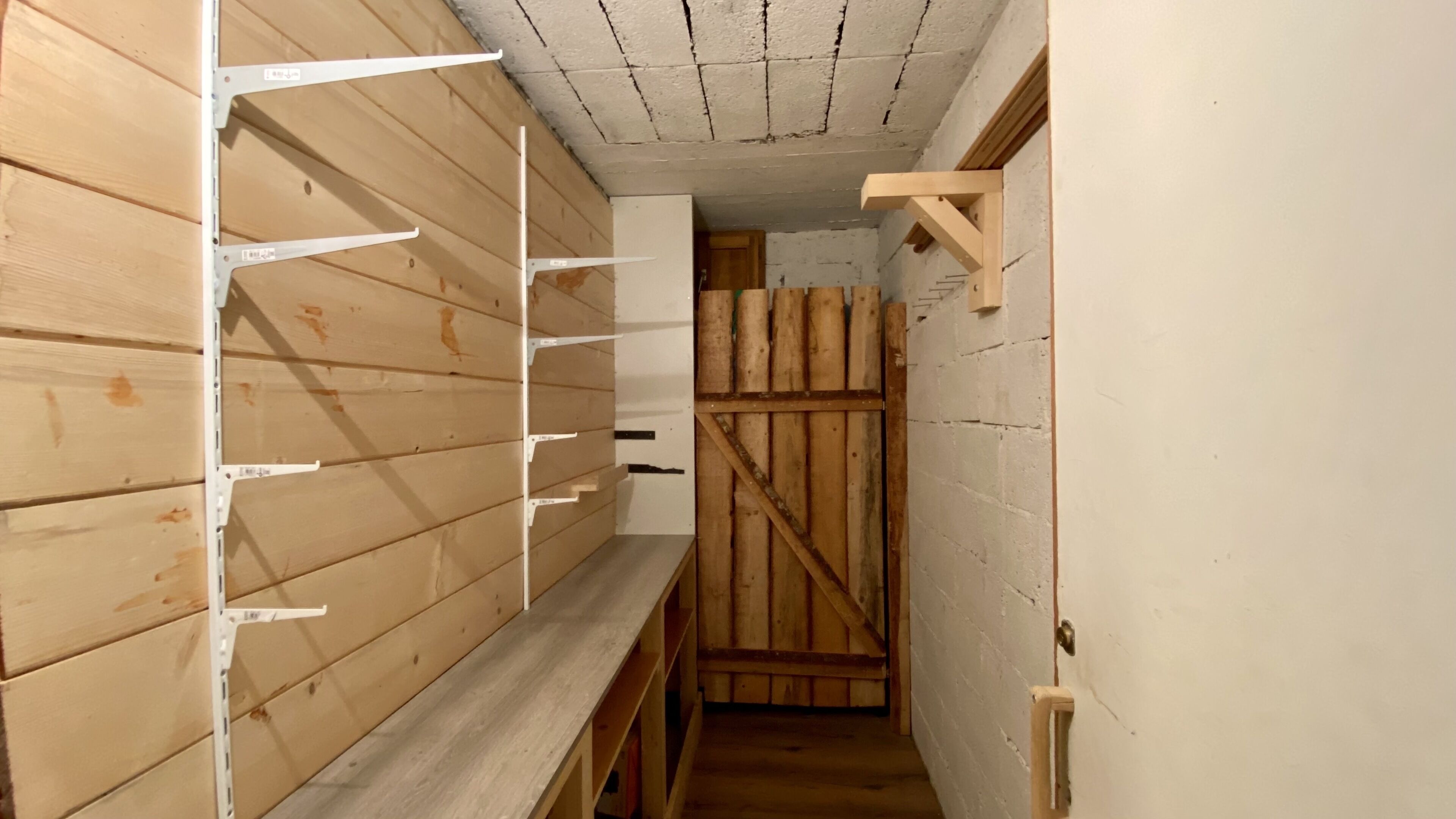 Un pasillo estrecho con paredes de madera y un techo con grietas visibles. Hay estantes metálicos blancos a la izquierda y una puerta de madera al final.