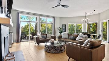 Flatskjerm-TV, peis, bordtennis og PC-skjermer