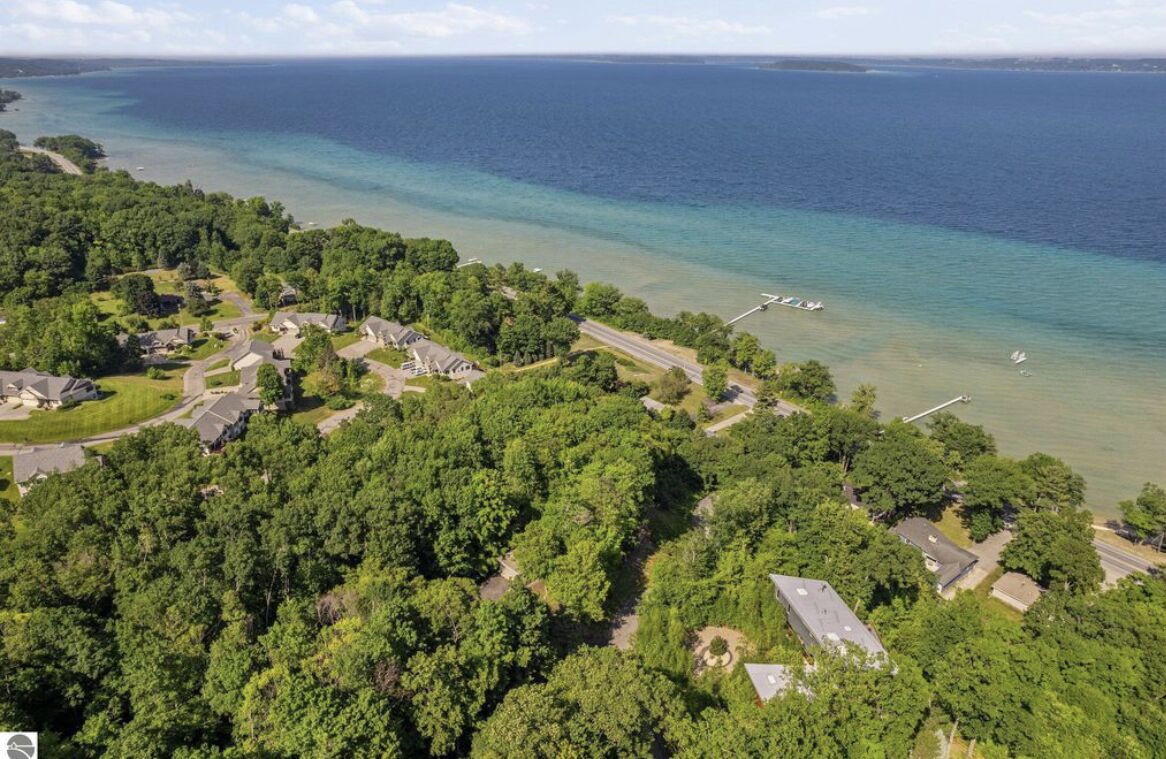An aerial view of a coastal residential area with houses, roads, and a beach.