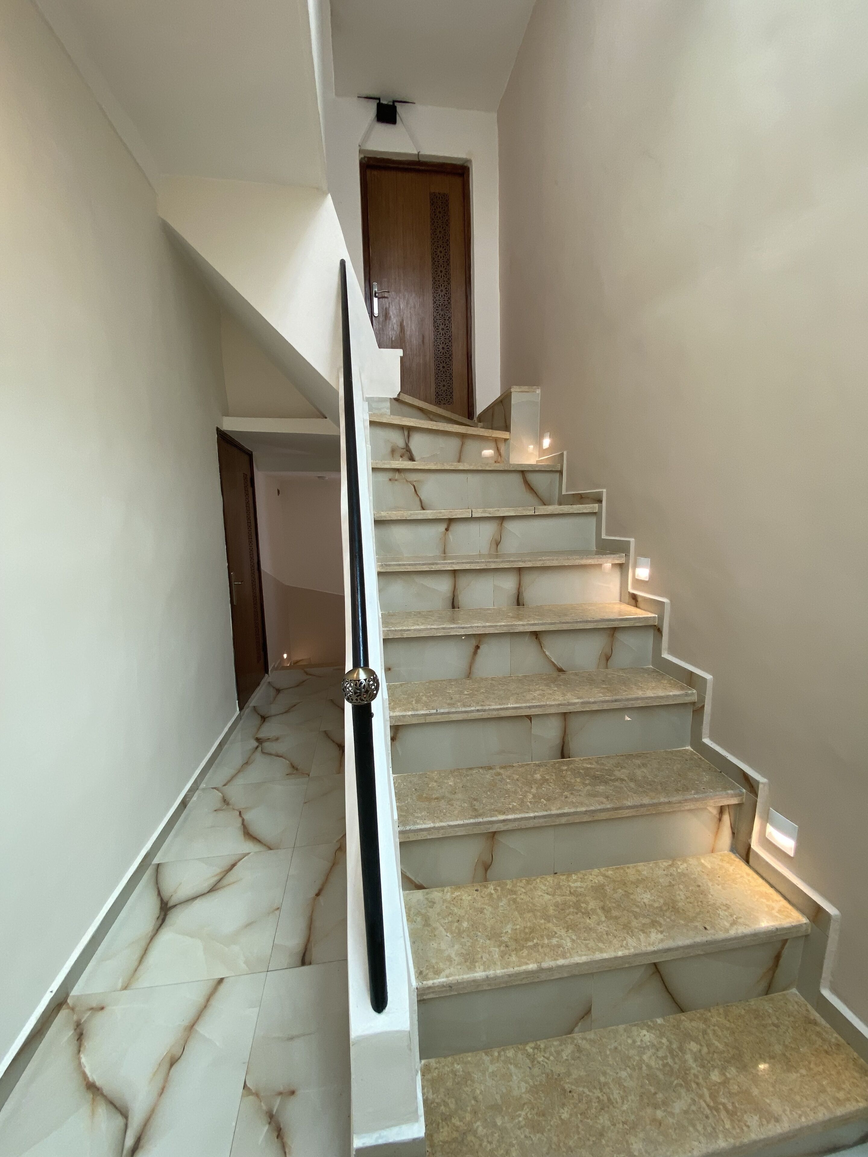 A staircase with marble steps and a handrail, leading to a wooden door at the top.