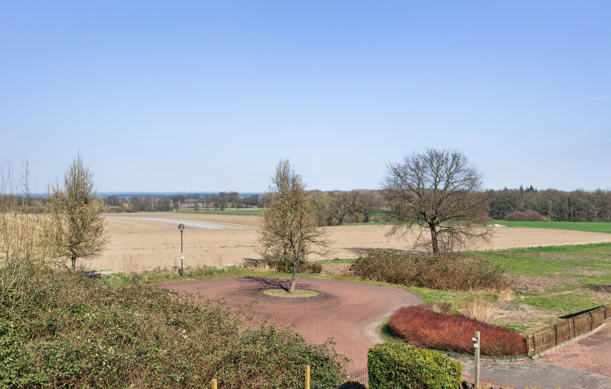 Ländliche Landschaft mit einem befestigten Weg, Bäumen und offenen Feldern.