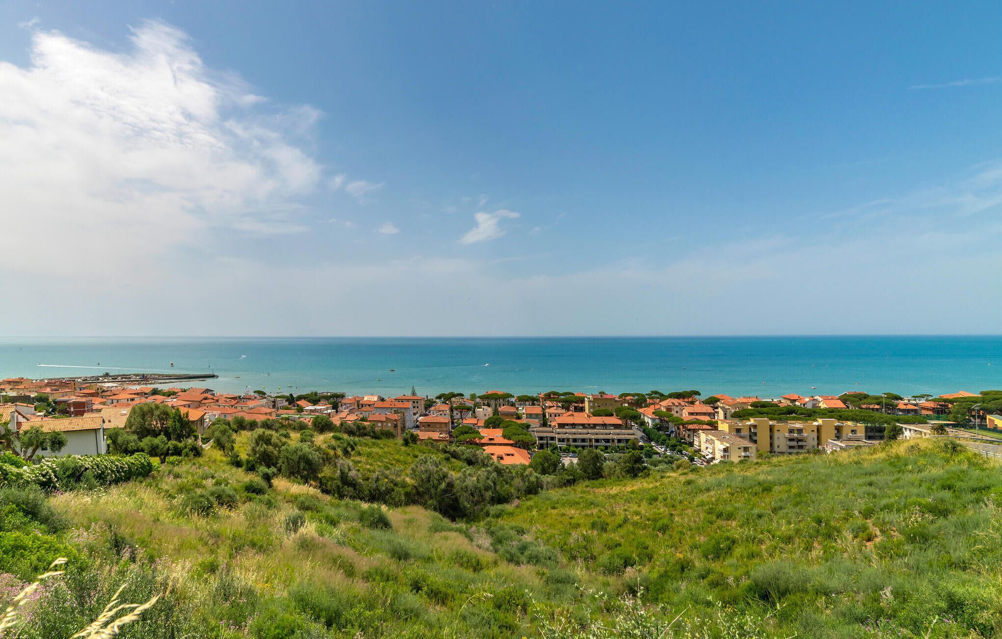 Une ville côtière avec des bâtiments et de la végétation au premier plan, un ciel dégagé et la mer en arrière-plan.