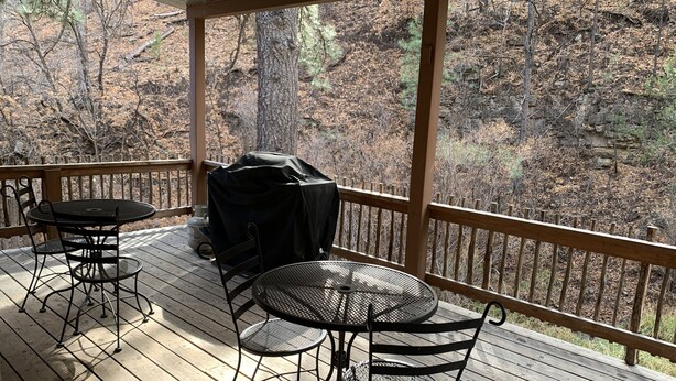 Une terrasse en bois avec des sièges d’extérieur et un barbecue, donnant sur une zone boisée.