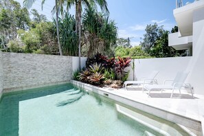 Piscina com muro de pedra e plantas tropicais.