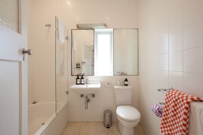 Hair dryer, towels, soap, shampoo