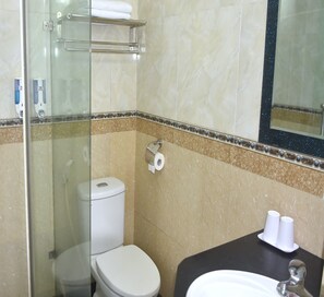 Habitació doble superior | Bany | Dutxa, assecador de cabells, sabatilles i tovalloles