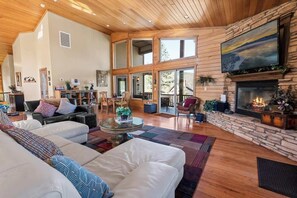 Télévision, cheminée, espaces bureaux