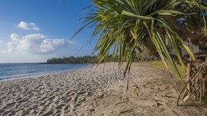 A sandy beach with palm trees and a clear blue sky. - Amani Beach Resort (Kutani)