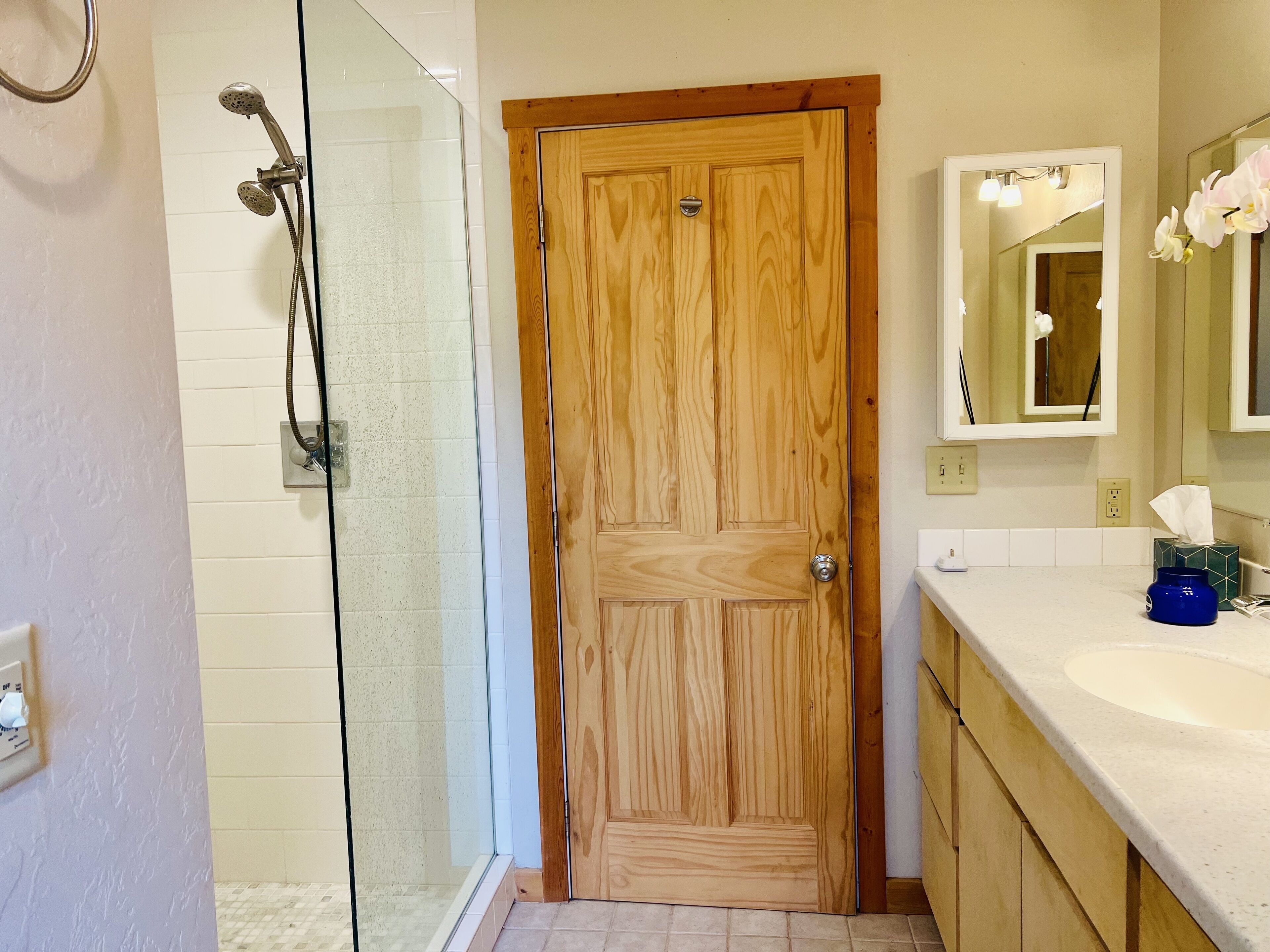 Shower, hair dryer, towels, soap