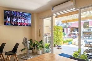 A room with a TV, chairs, a fan, potted plants, and a view of the outside.