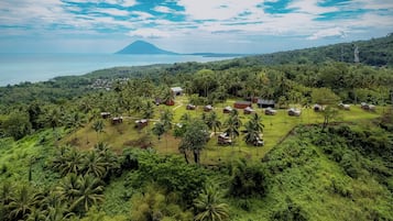 An aerial view of a resort with multiple bungalow-style accommodations surrounded by lush greenery and palm trees.