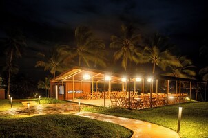 Un área de estar al aire libre con mesas y sillas, rodeada de palmeras, bajo una estructura cubierta con luces.