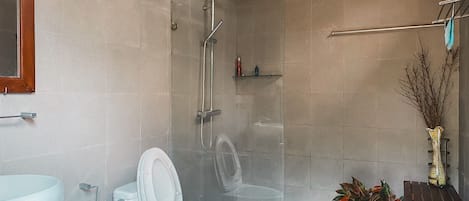 Regadera, secadora de cabello, bidet, toallas