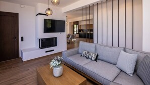 A modern living room with a grey sofa, a flat-screen TV, and a wooden coffee table. - Unforgettable Tinos Beach house III (Tinos)