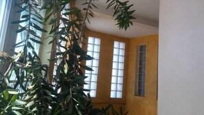 A room with large windows, a staircase, and a hanging plant. - CENTRAL HOTEL  (Antsiranana)