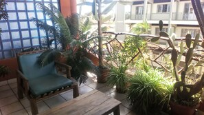 A balcony with a wooden bench and a chair, surrounded by potted plants and a view of a building with balconies. - CENTRAL HOTEL  (Antsiranana)