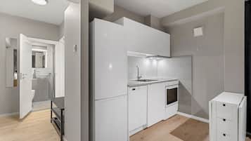 Apartment with separate bedroom and workspace | Private kitchen | Mini-fridge, oven, stovetop, electric kettle