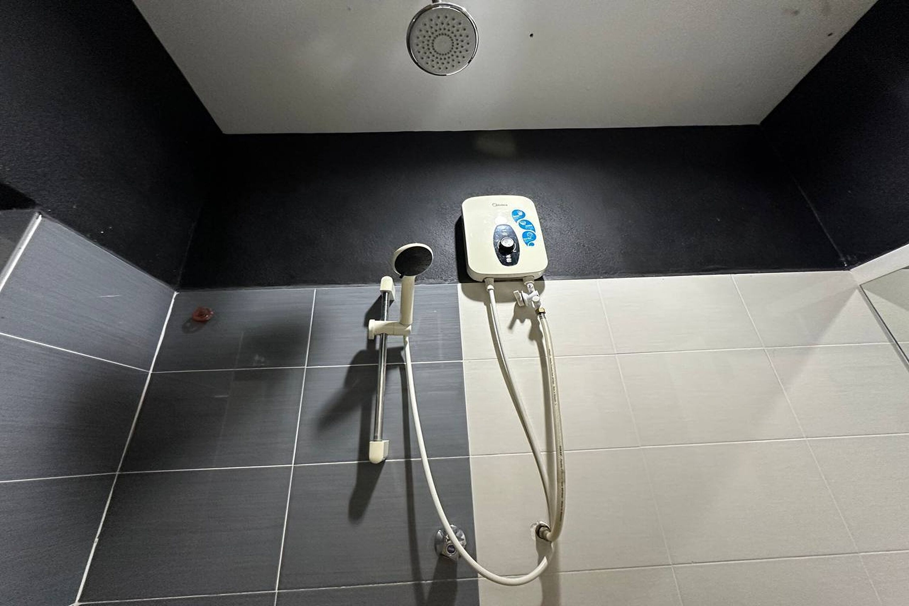 A shower area with a handheld showerhead and a wall-mounted control unit.