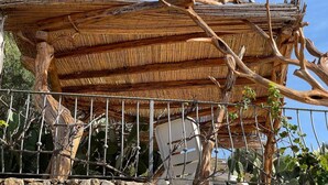 A rustic wooden structure with a thatched roof, surrounded by a metal fence and cactus plants. - VILLA ELENA PRIVATE POOL (Sardegna)