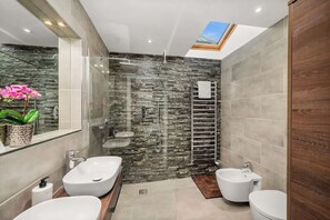 Een douche, een haardroger, een bidet, handdoeken