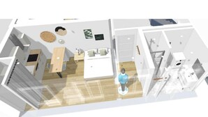 A 3D model of a modern hotel room with a central bed, a desk, and a seating area. - Chez Clément et Mathilde - Studio Hyper Centre (Saint-Amand-les-Eaux)