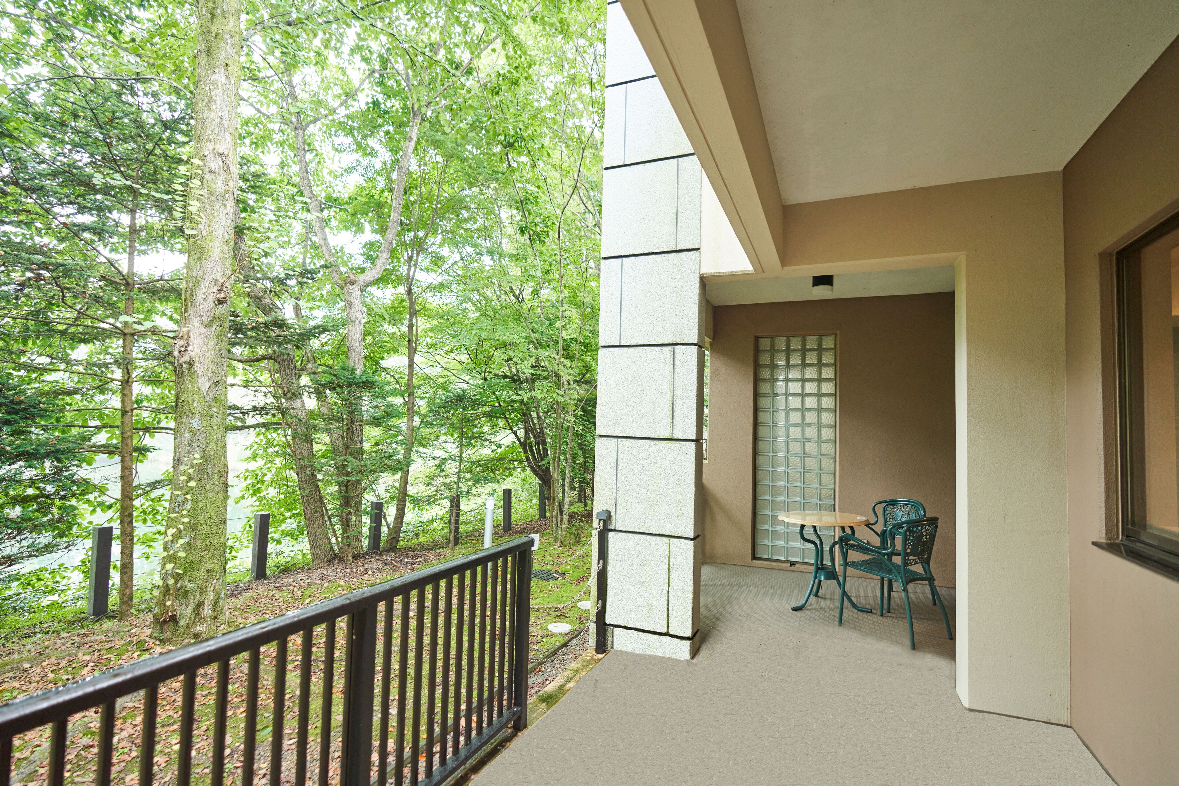 A balcony with a view of a forest and a table with chairs.