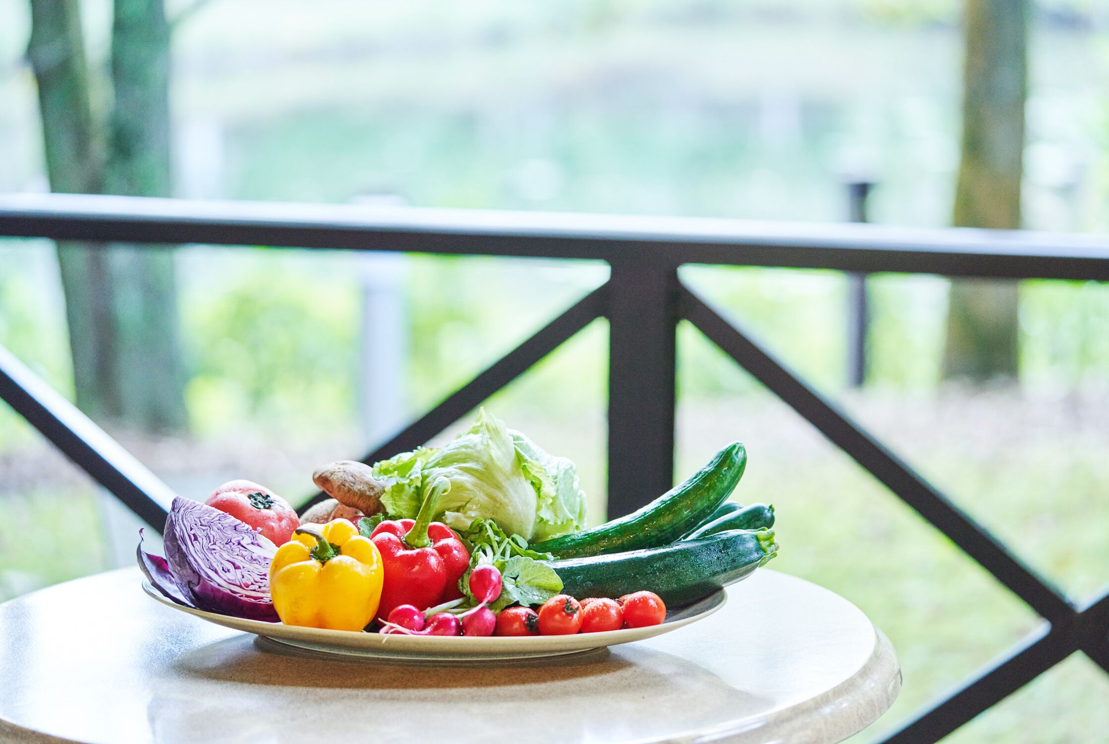 Une assiette de légumes frais sur une table, avec une rambarde en arrière-plan.