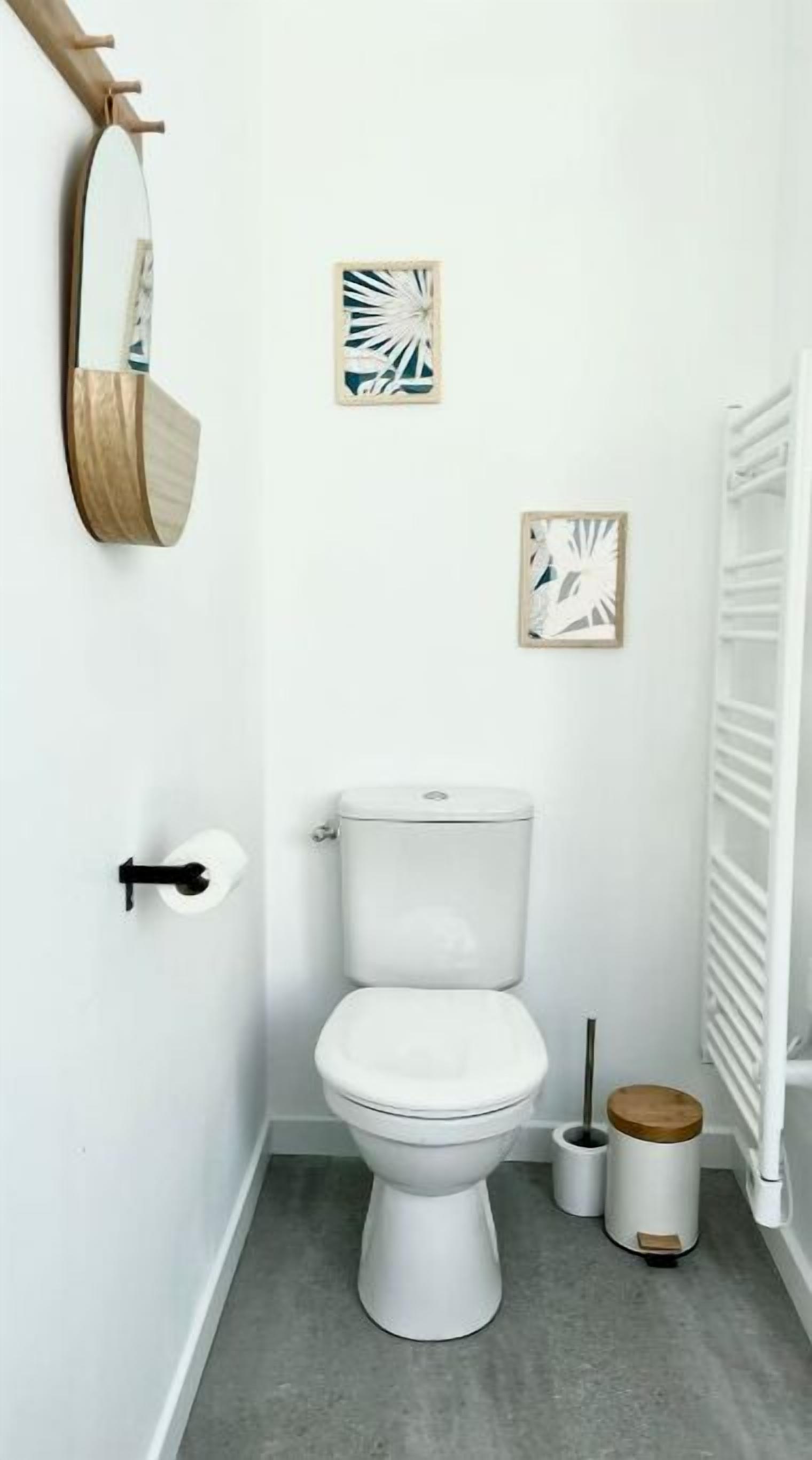 A small, modern bathroom with a white toilet, a wooden-framed mirror, and two abstract wall art pieces.