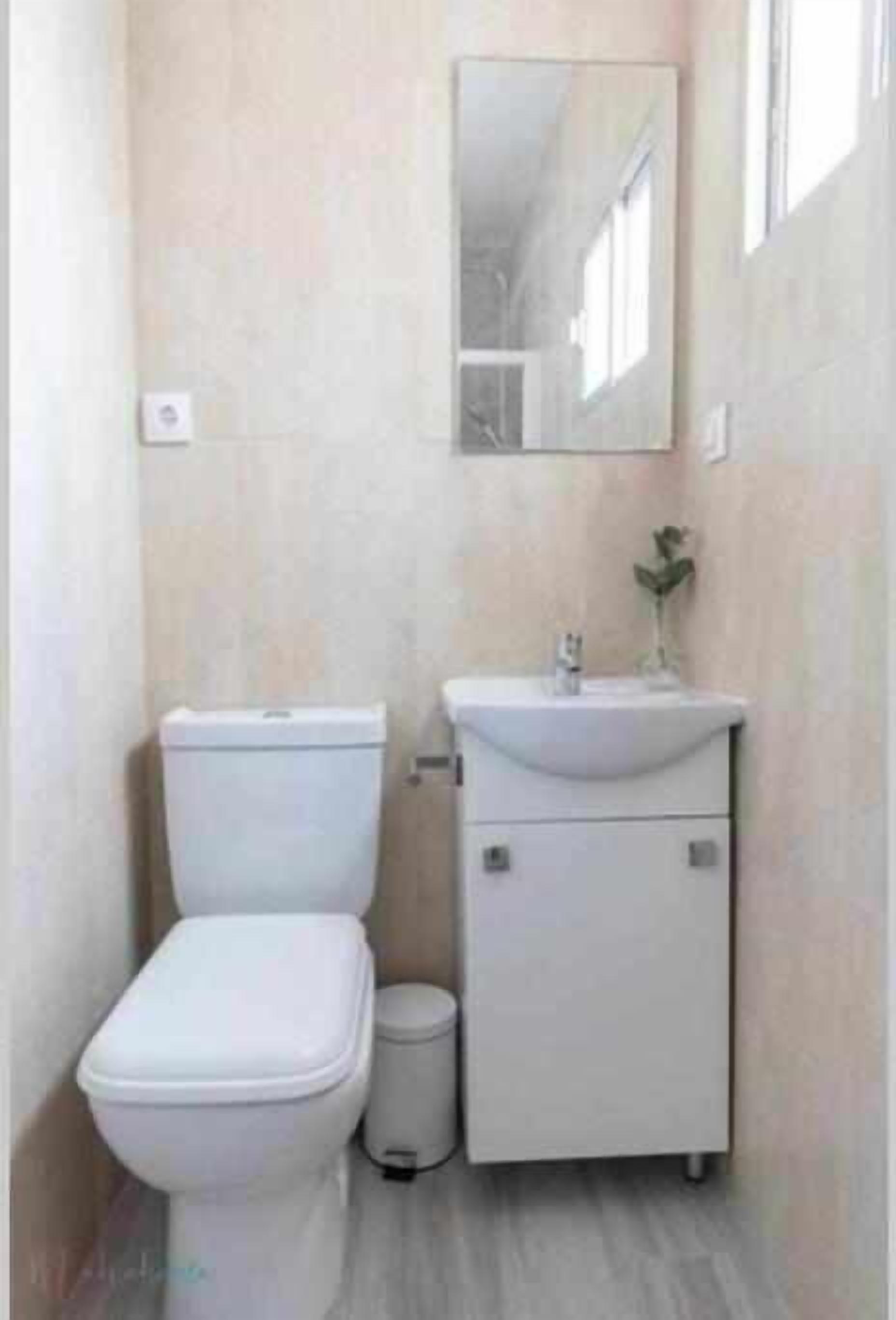 A small, compact bathroom with a toilet, sink, and mirror.