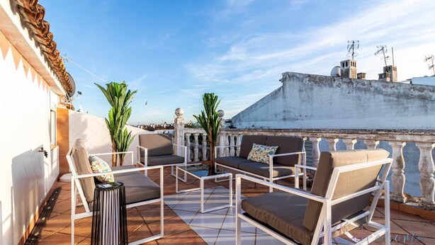 A rooftop terrace with outdoor furniture, a small table, and potted plants.