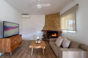 Una Smart TV, una chimenea, un reproductor estéreo