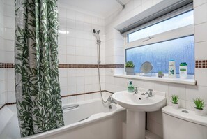 Shower, hair dryer, towels, shampoo